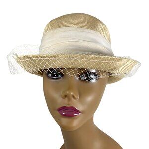 VTG USA Plaza Suite By Betmar Beige Straw Hat With White Bow + Netting Accents